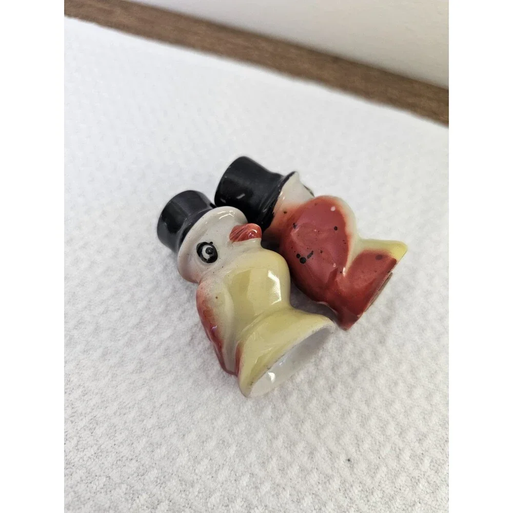 Vintage Orange And Yellow Mini Birds in Top Hats Salt and Pepper Shakers